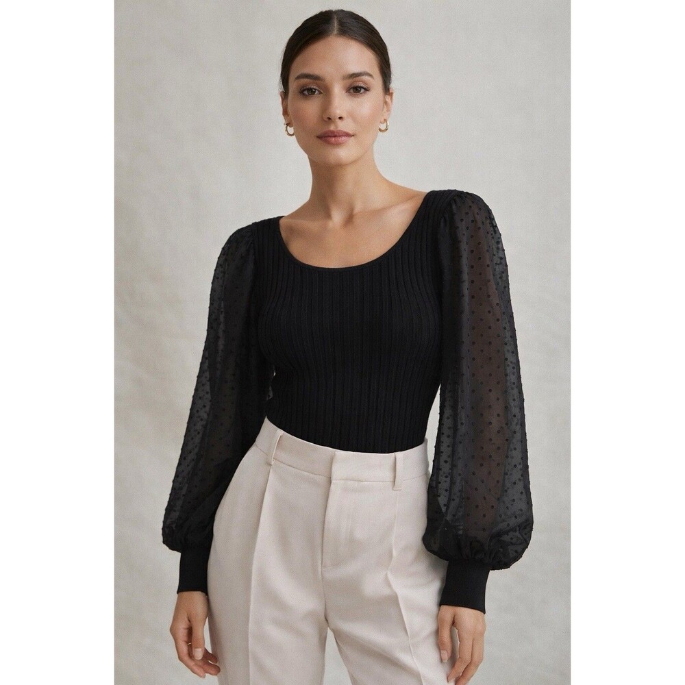 Anthropologie Sheer Puff-Sleeve Shimmer Sweater Ribbed Black Size Medium Career